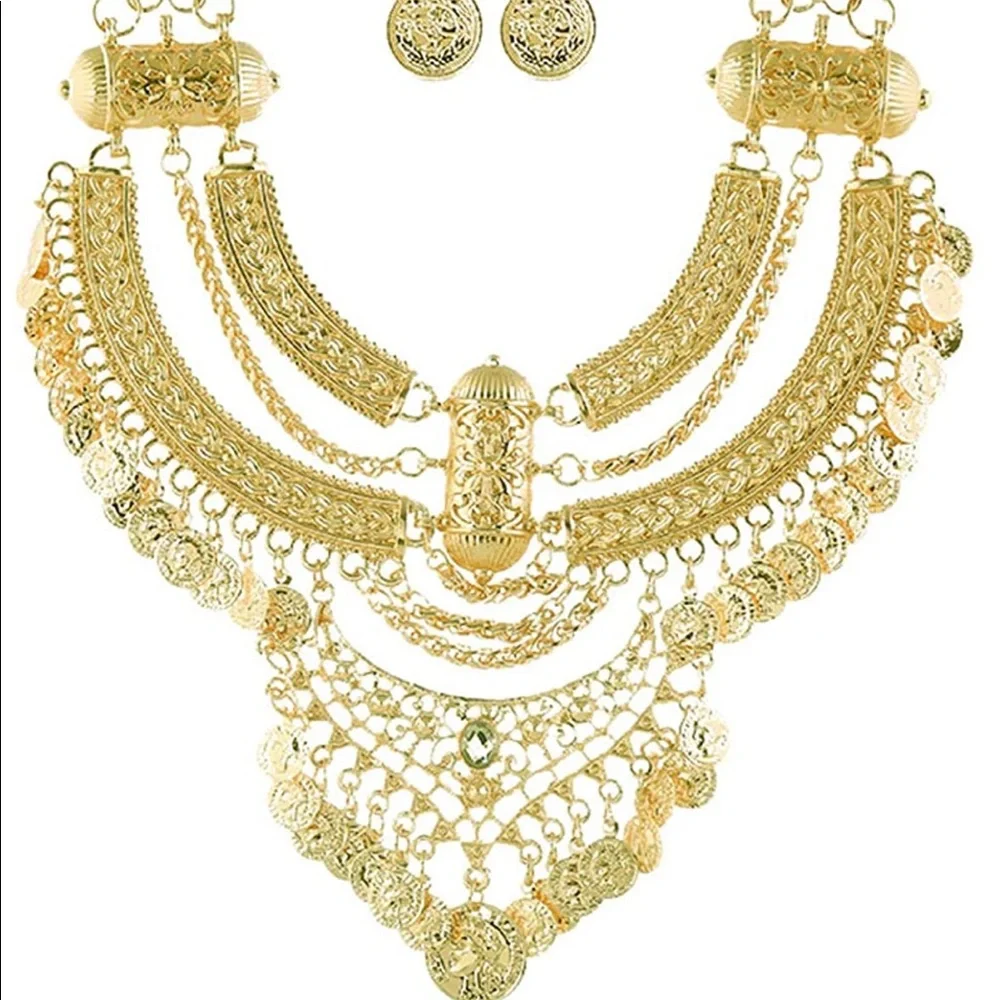 [GOLD] Exotic Bib Coin Necklace+Earring Set - Picture 6 of 7